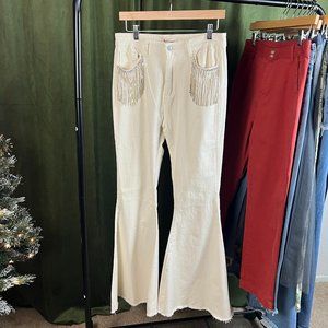 Peach Love California Cream Flare Jeans with Rhinestone Pocket Fringe